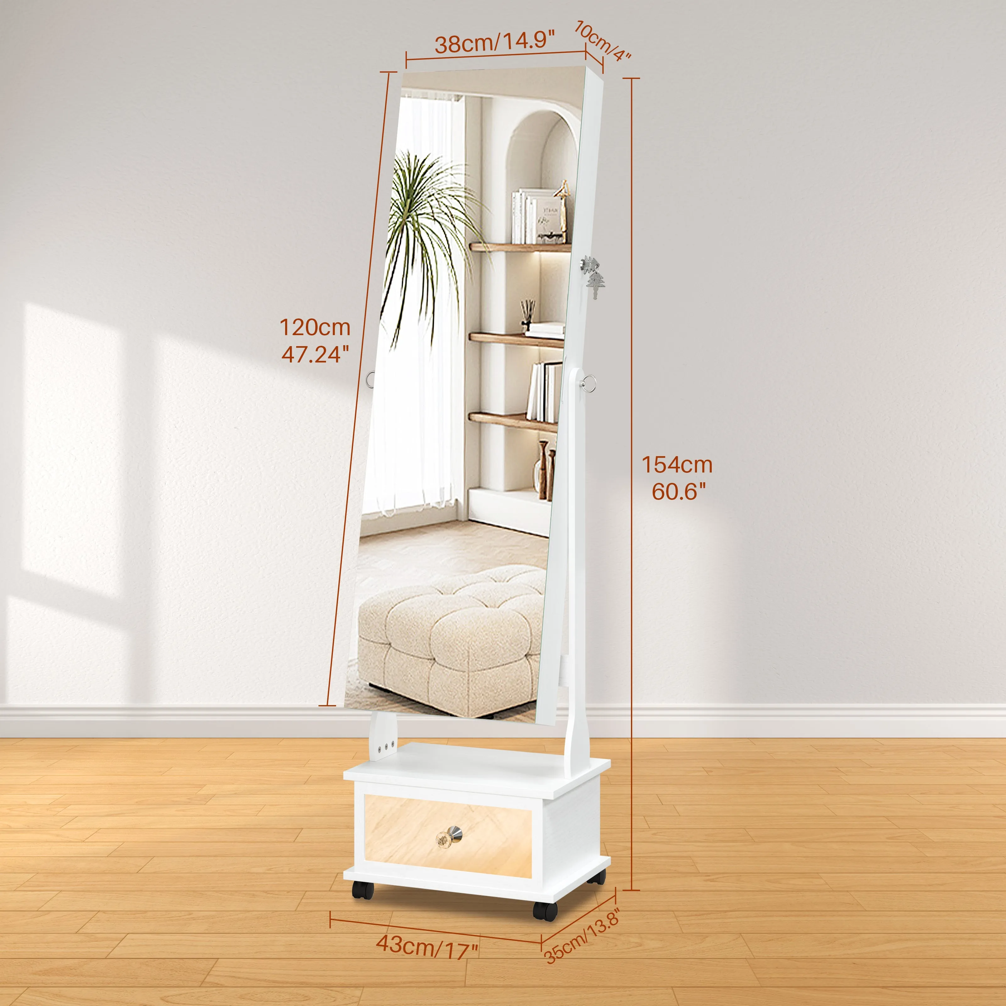 Jewelry Cabinet Standing with Full-Length Mirror, Movable