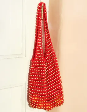 Karma Wooden Crochet Beads Bag in Red