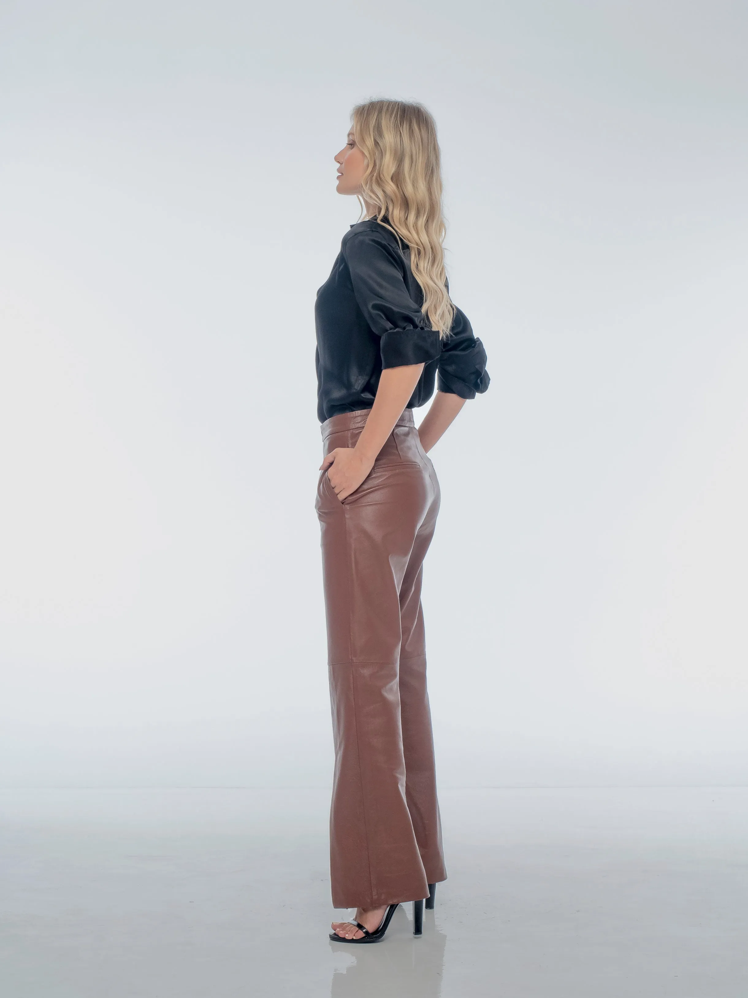 KIRA SPLIT FRONT LEATHER PANTS - WHISKEY