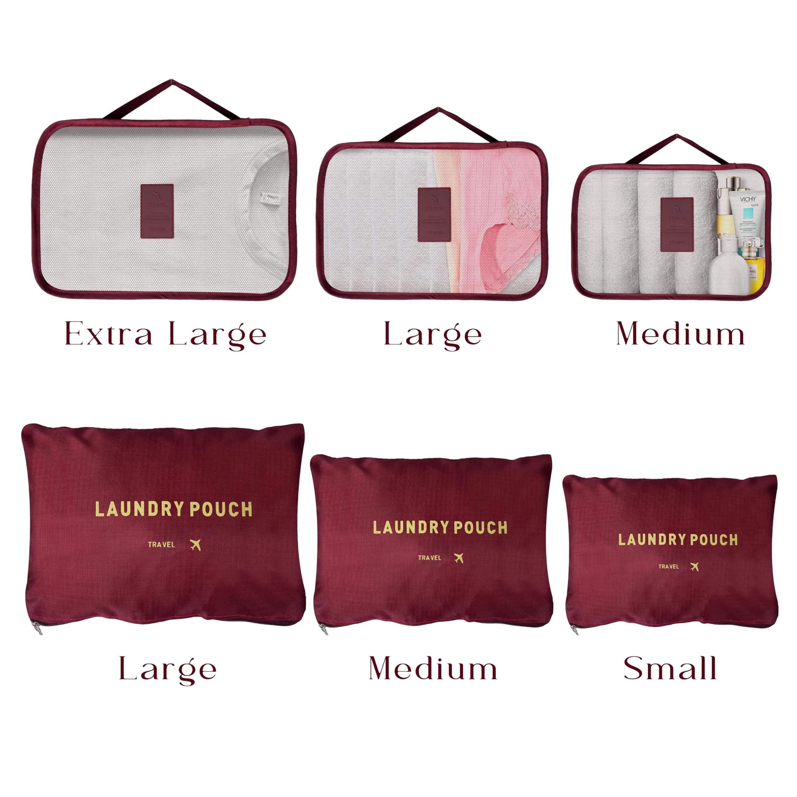 Kuber Industries 24 Pcs Travel Luggage Bag | Toiletry Bag for Jewellery-Watches-Bracelets | Multi-Purpose Storage Bag with Handle | Travel Utility Storage Pouches | LYN16-MRO | Maroon| Pack of 4