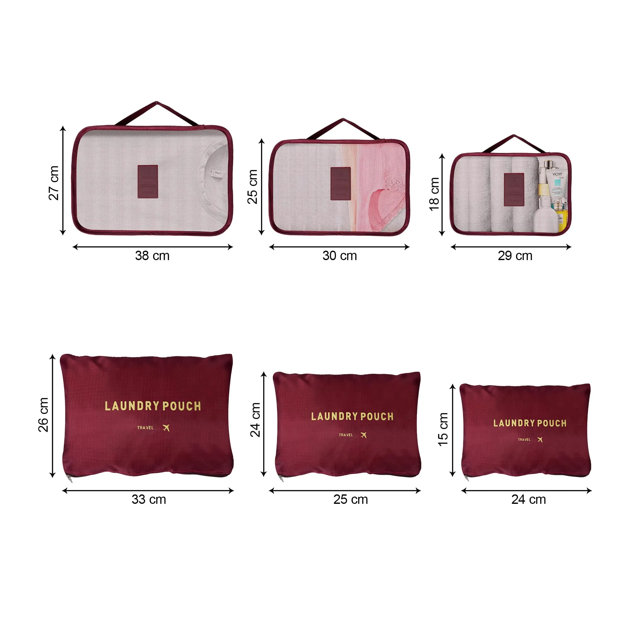 Kuber Industries 24 Pcs Travel Luggage Bag | Toiletry Bag for Jewellery-Watches-Bracelets | Multi-Purpose Storage Bag with Handle | Travel Utility Storage Pouches | LYN16-MRO | Maroon| Pack of 4