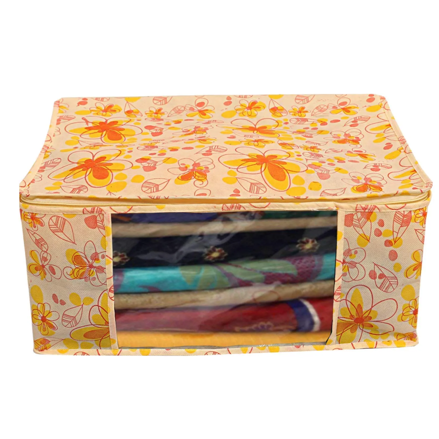 Kuber Industries Flower Printed Non Woven 3 Pieces Saree Cover and 3 Pieces Underbed Storage Bag, Cloth Organizer for Storage, Blanket Cover Combo Set (Ivory & Red) -CTKTC038635