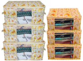 Kuber Industries Flower Printed Non Woven 3 Pieces Saree Cover and 3 Pieces Underbed Storage Bag, Cloth Organizer for Storage, Blanket Cover Combo Set (Ivory & Red) -CTKTC038635