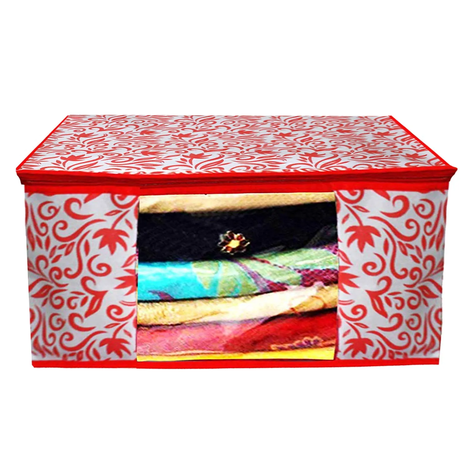 Kuber Industries Leaf Design Non Woven 4 Pieces Saree Cover And 4 Pieces Underbed Storage Bag, Cloth Organizer For Storage, Blanket Cover Combo Set (Red) -CTKTC38674