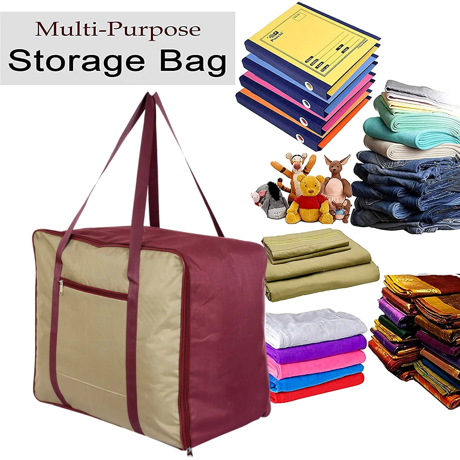 Kuber Industries Moisture Proof Wardrobe Organizer Storage Bag For Clothes With Zipper Closure and Handle (Brown & Maroon), HS43KUBMART026665