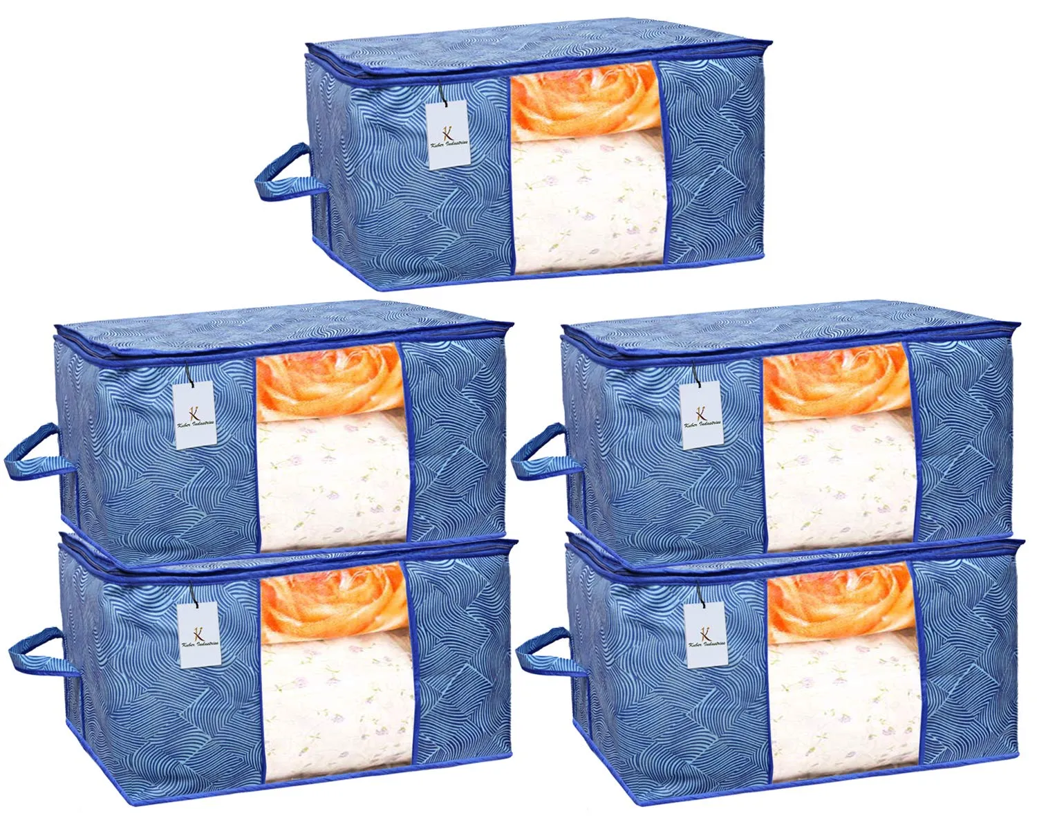 Kuber Industries Non-Woven Leheriya Design Underbed Storage Bag|Storage Organiser|Blanket Cover Set of 5 (Royal Blue)