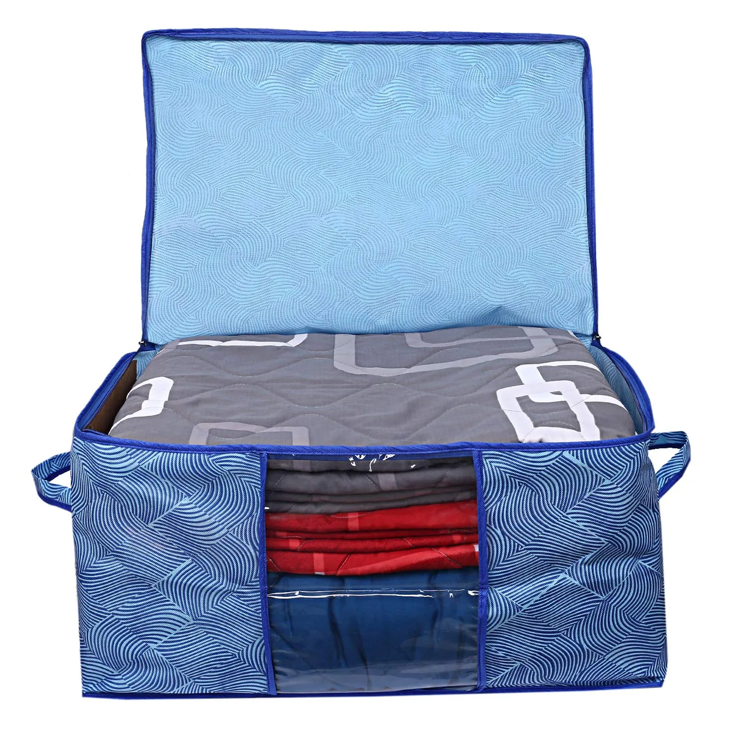 Kuber Industries Non-Woven Leheriya Design Underbed Storage Bag|Storage Organiser|Blanket Cover Set of 5 (Royal Blue)