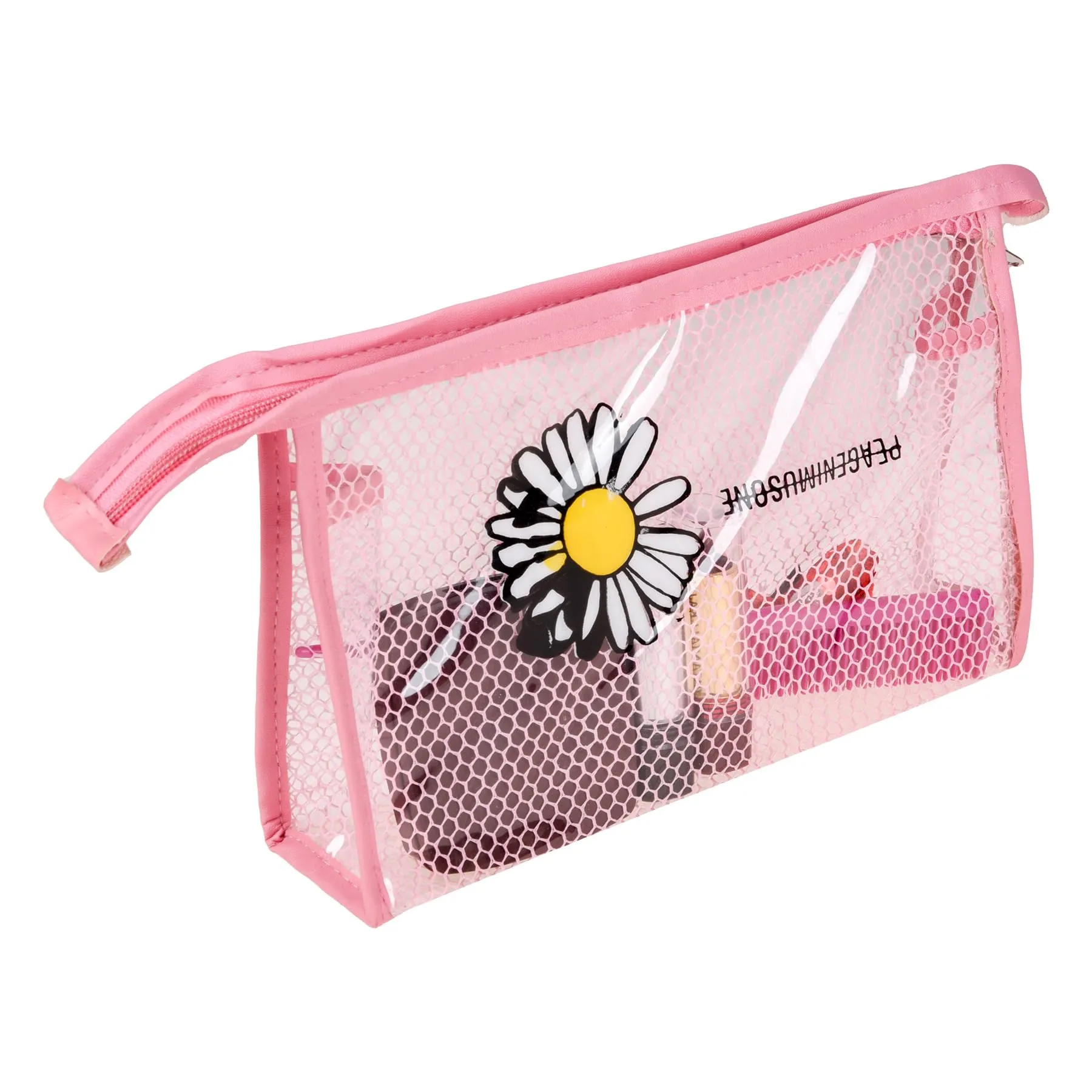 Kuber Industries Toiletry Pouch | Cosmetic Makeup Pouch | Vanity Pouch for Woman | Makeup Accessories Pouch | Transparent Net Pouch | Sunflower-Cosmetic Pouch | Pink