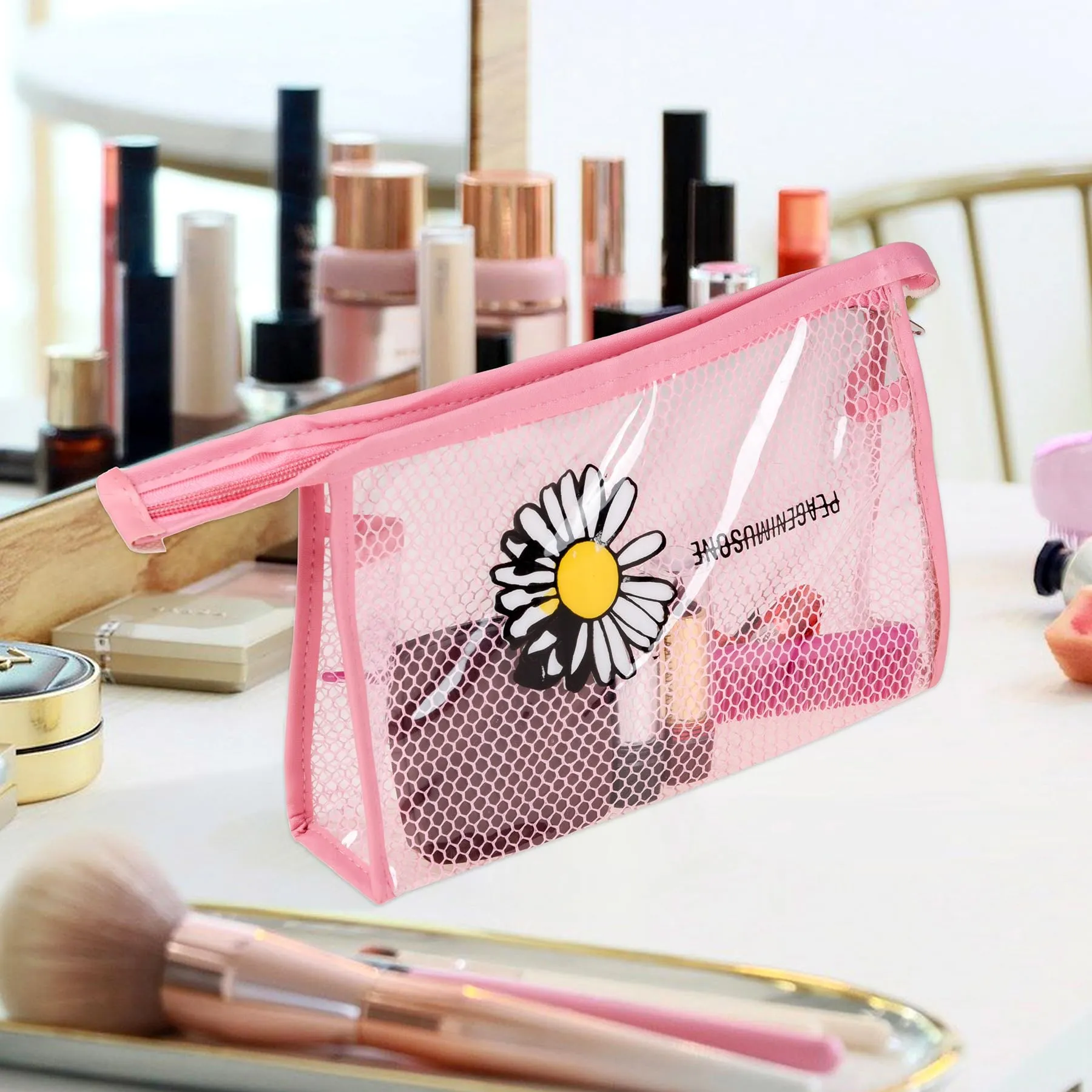 Kuber Industries Toiletry Pouch | Cosmetic Makeup Pouch | Vanity Pouch for Woman | Makeup Accessories Pouch | Transparent Net Pouch | Sunflower-Cosmetic Pouch | Pink