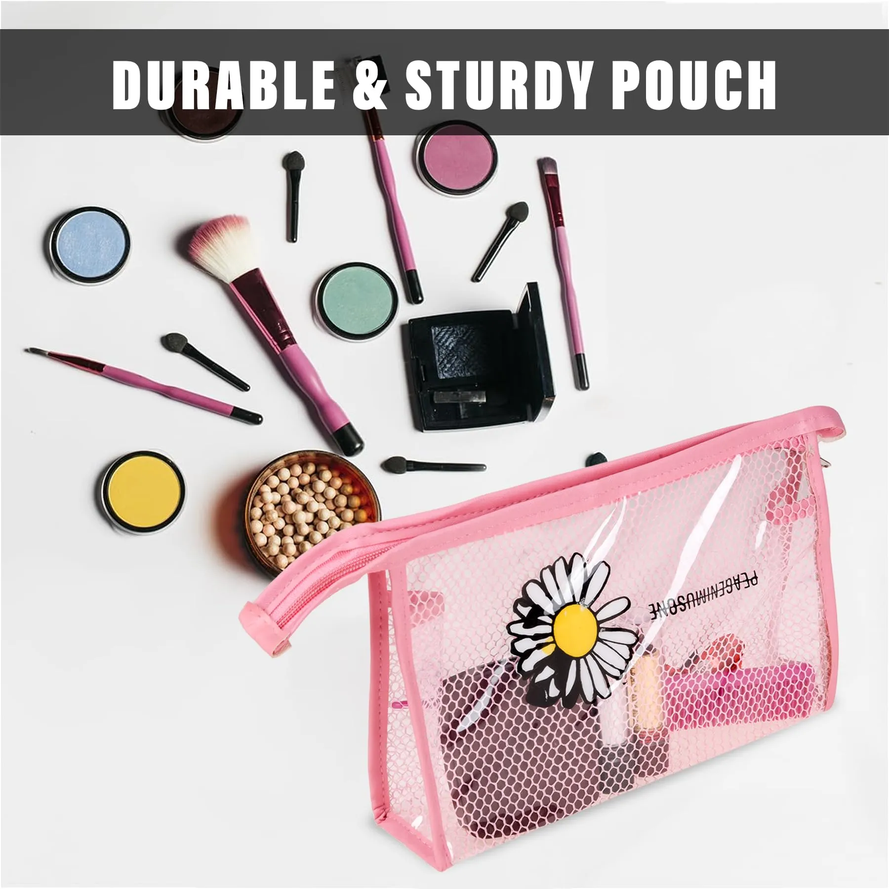 Kuber Industries Toiletry Pouch | Cosmetic Makeup Pouch | Vanity Pouch for Woman | Makeup Accessories Pouch | Transparent Net Pouch | Sunflower-Cosmetic Pouch | Pink