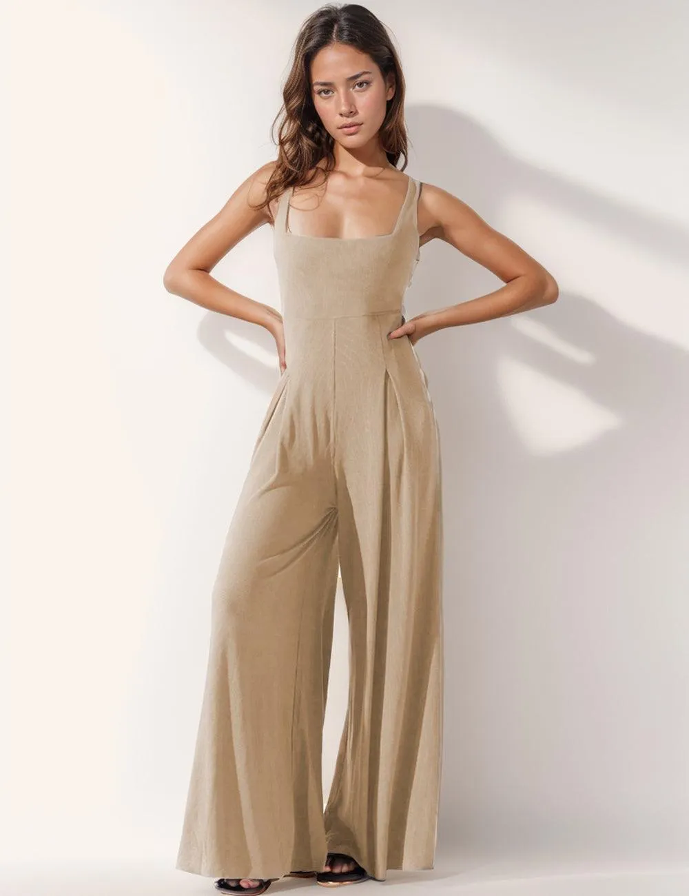 Ladies Solid Color Square Neck Jumpsuit EKDD