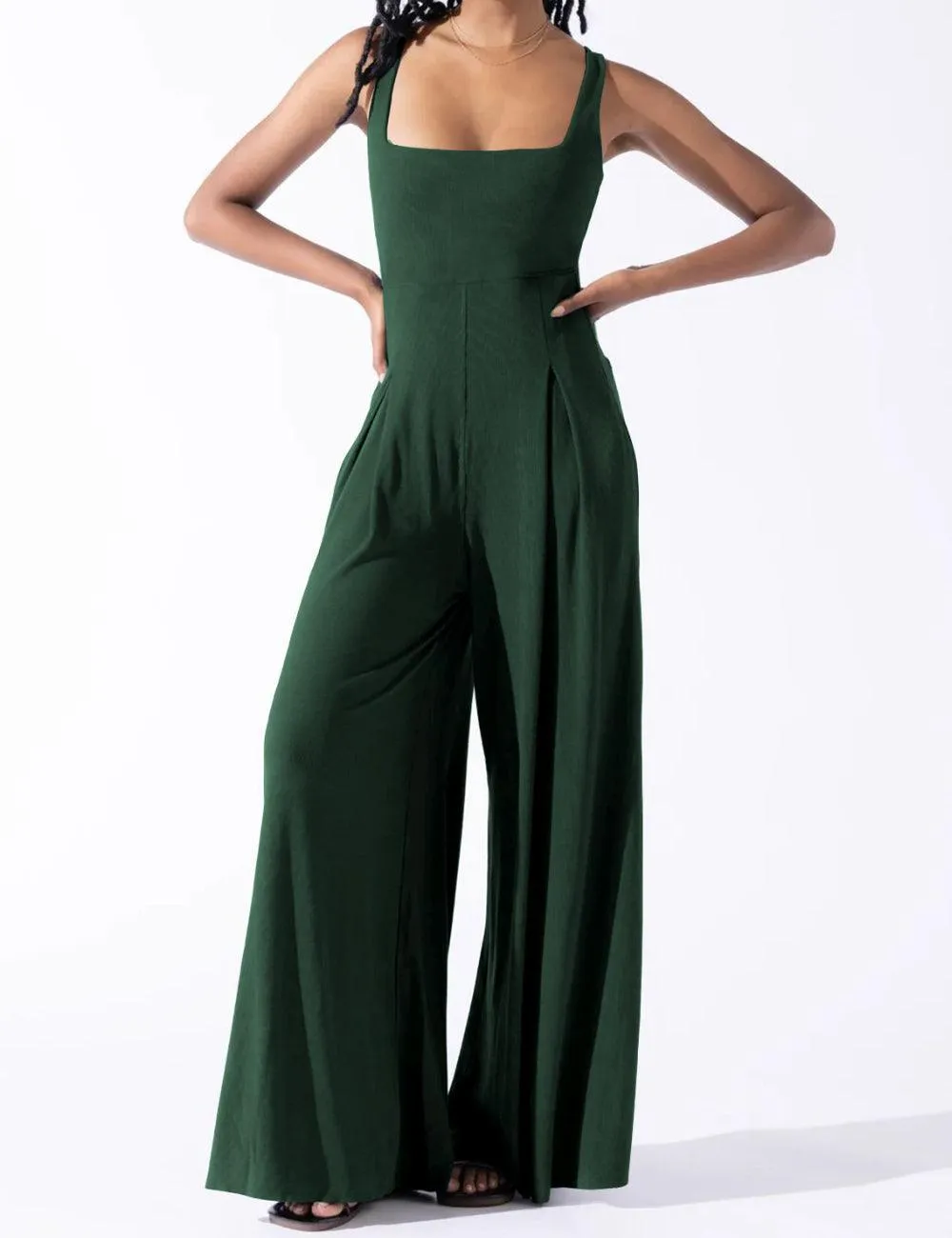 Ladies Solid Color Square Neck Jumpsuit EKDD