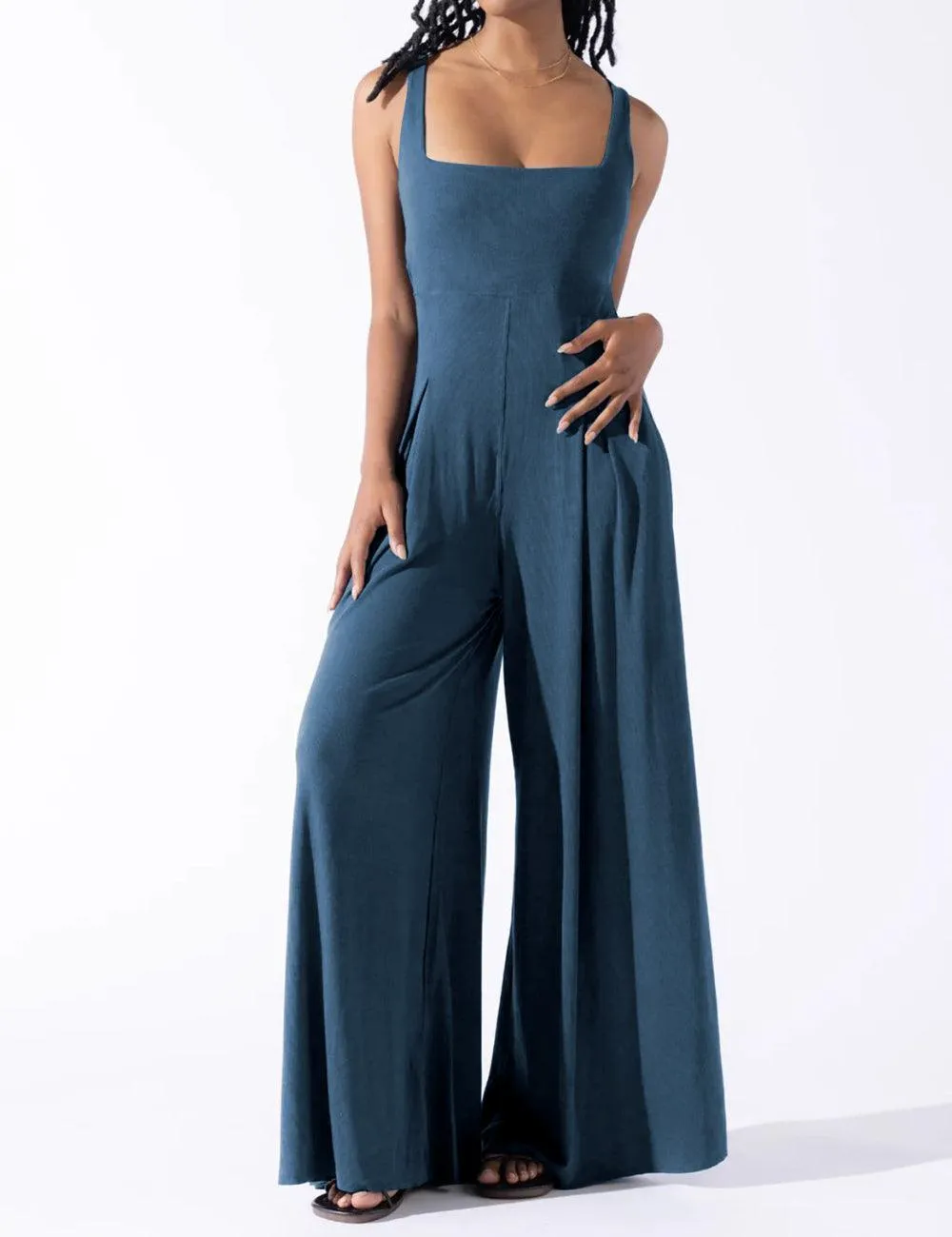 Ladies Solid Color Square Neck Jumpsuit EKDD