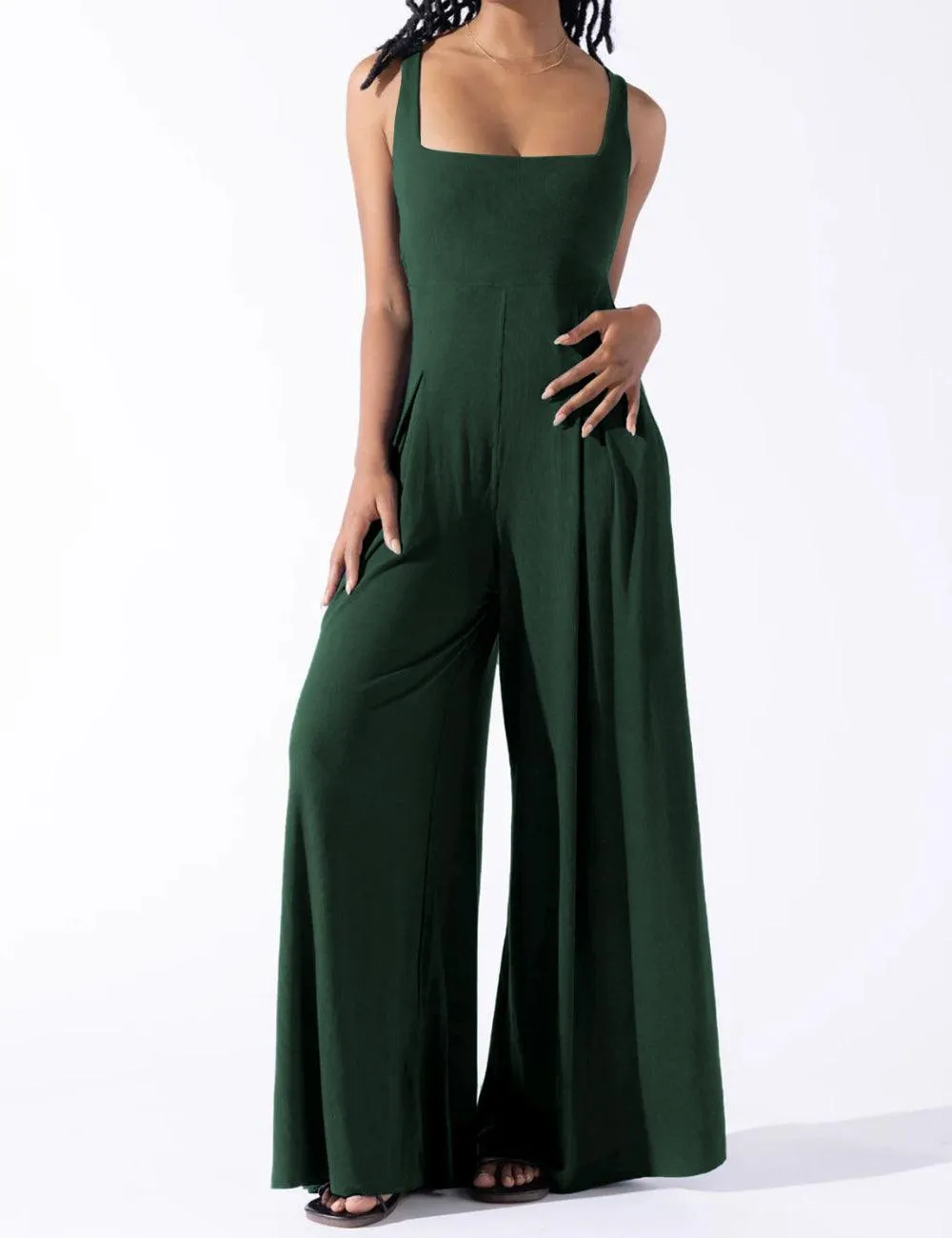 Ladies Solid Color Square Neck Jumpsuit EKDD