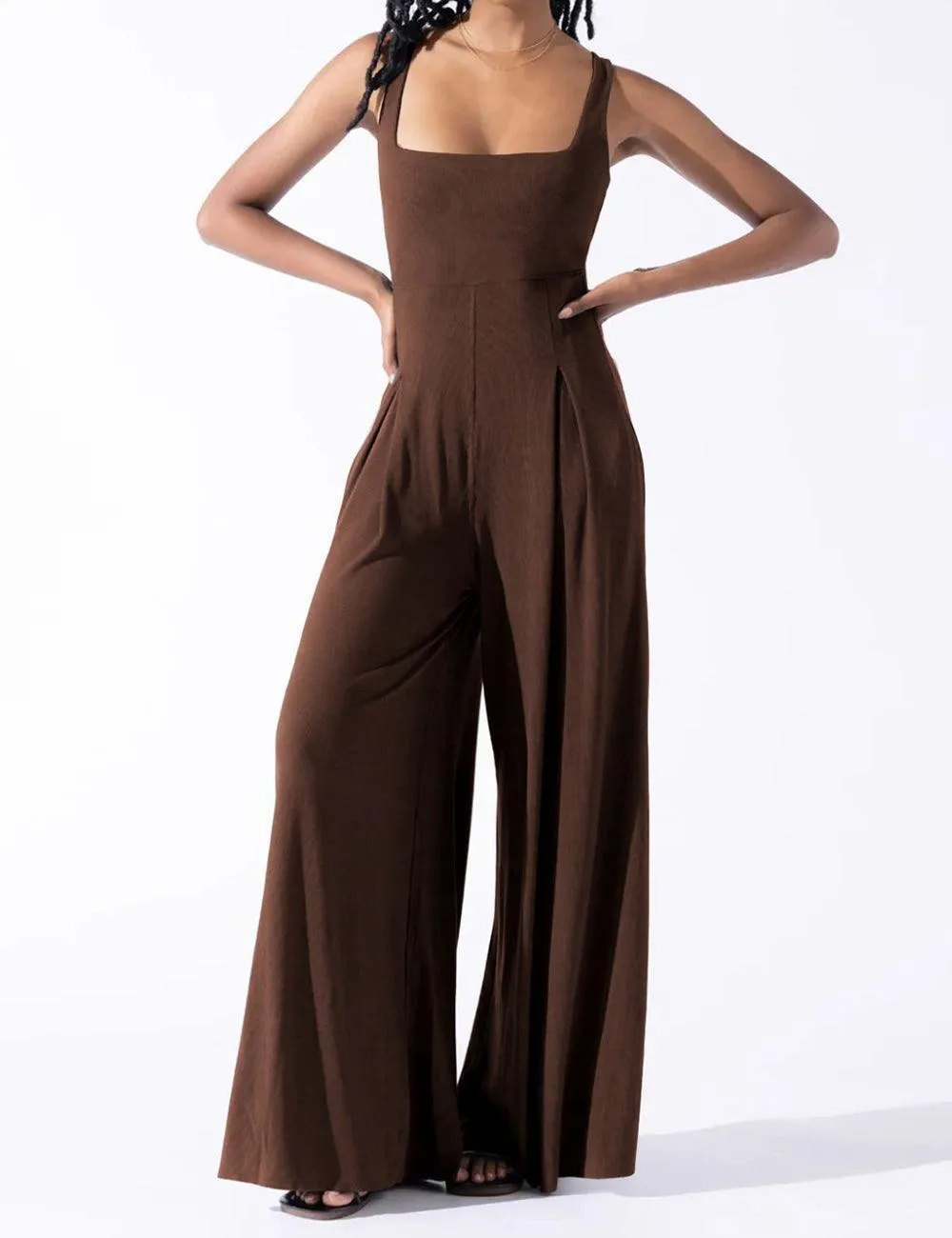 Ladies Solid Color Square Neck Jumpsuit EKDD