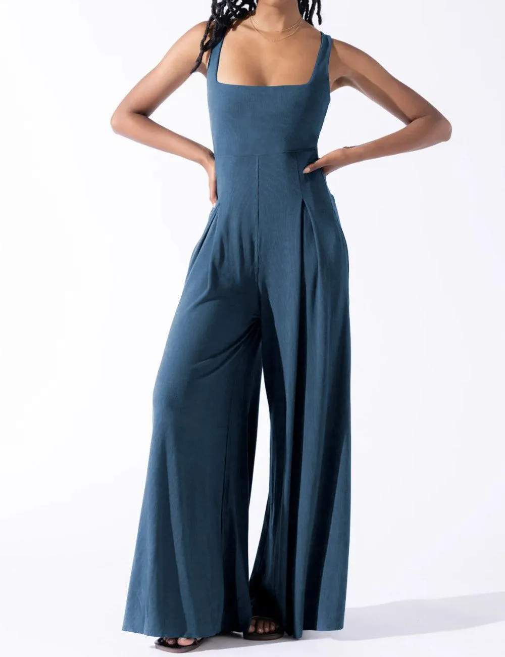 Ladies Solid Color Square Neck Jumpsuit EKDD