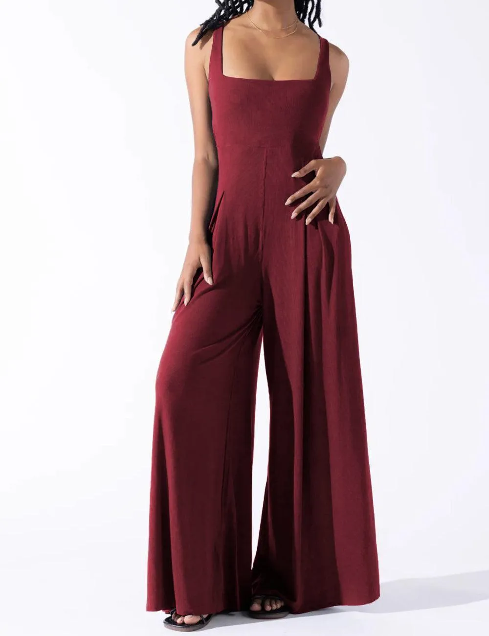 Ladies Solid Color Square Neck Jumpsuit EKDD