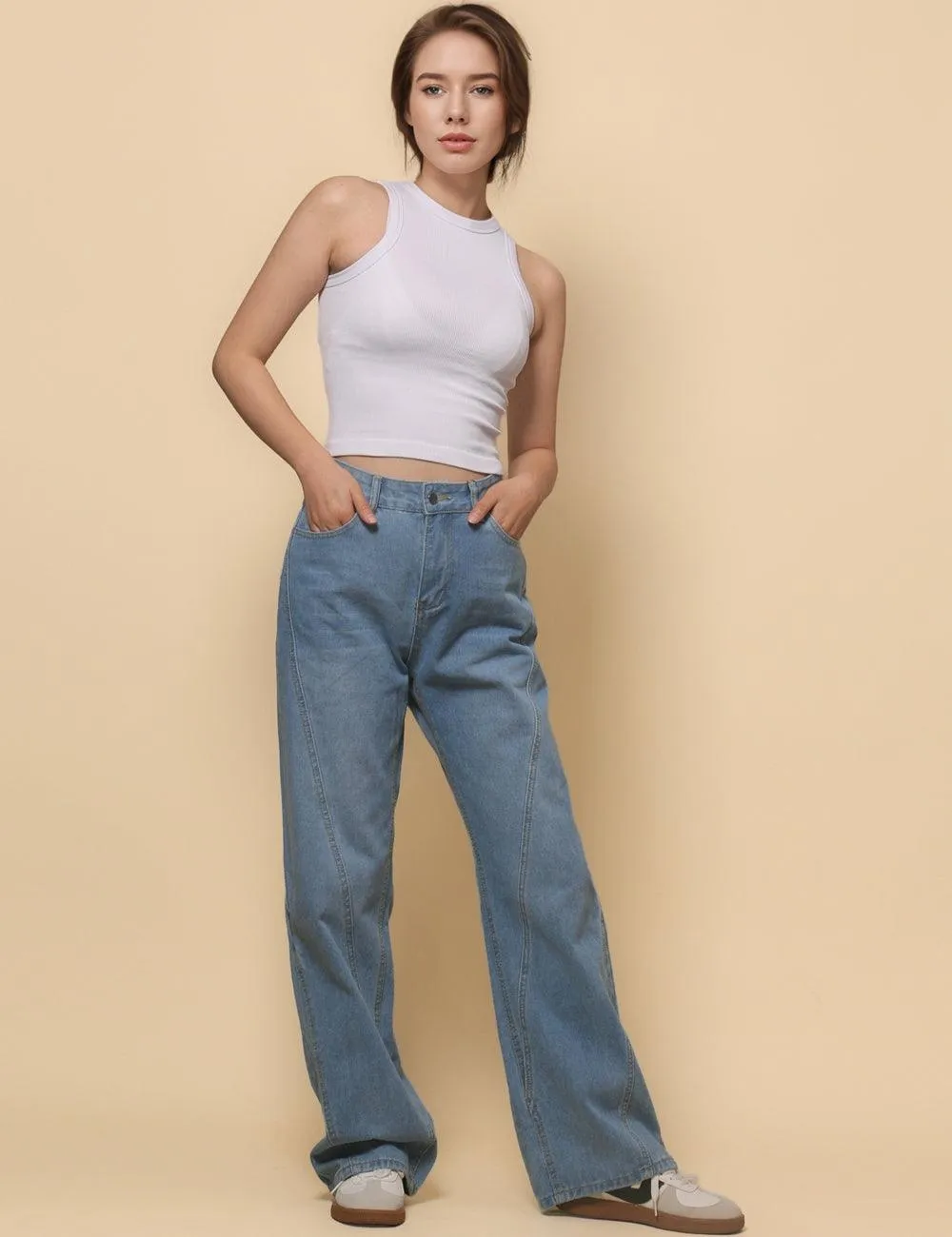 Ladies Zip Fly Jeans Stright Leg Denim Pants SKP4803