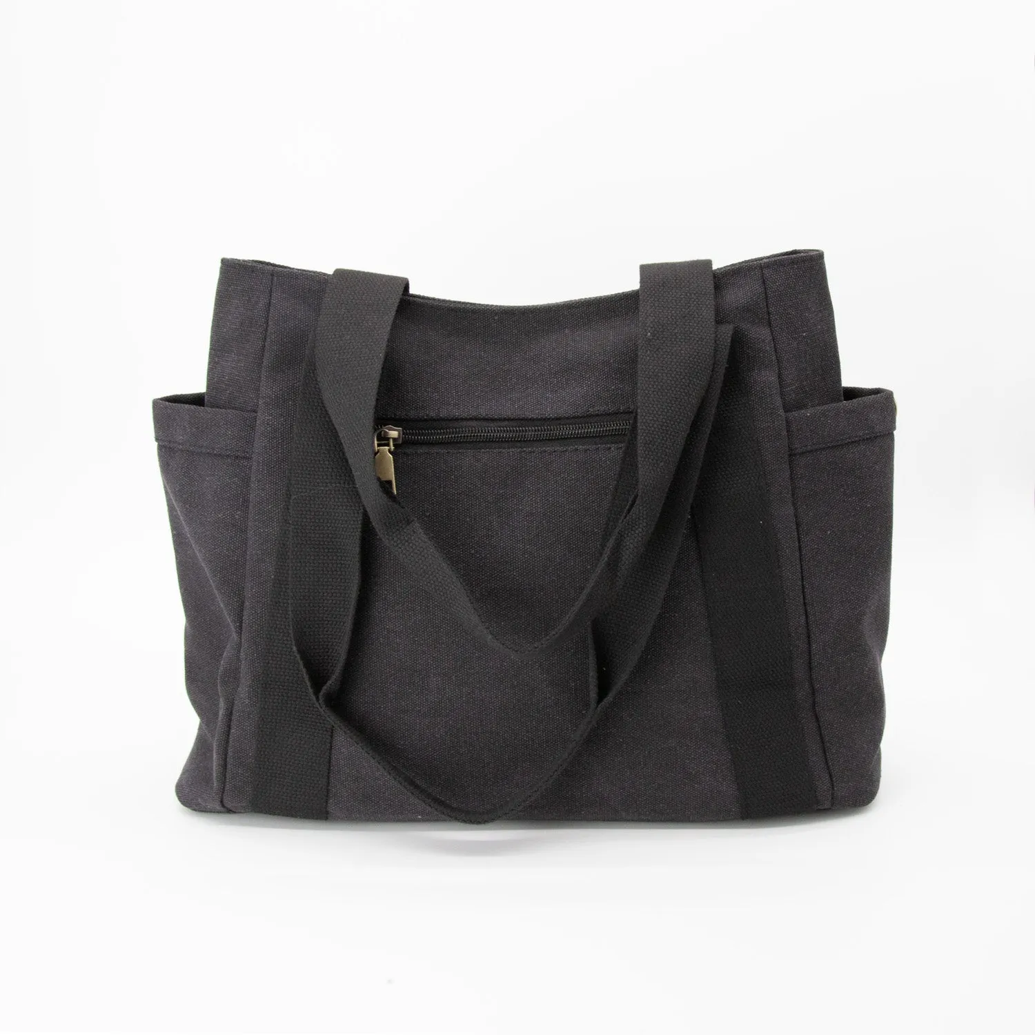 Large Canvas Tote Bag With Pockets & Zipper in Black