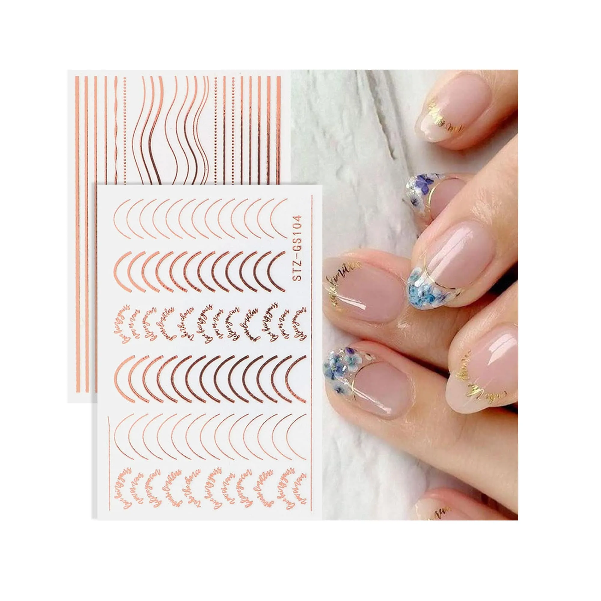 Line Nail Art Stickers Decals Metal Line Nail Supply Rose Gold 3D Self Adhesive | Color Multi -6 Sheets