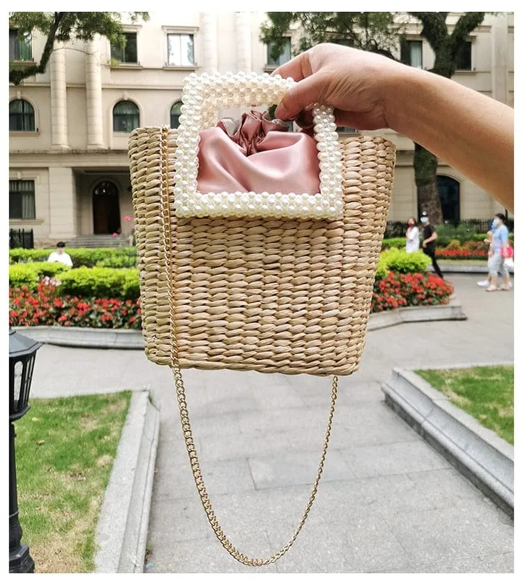 Lona Summer Pearl Straw Top Handle Beach Bag