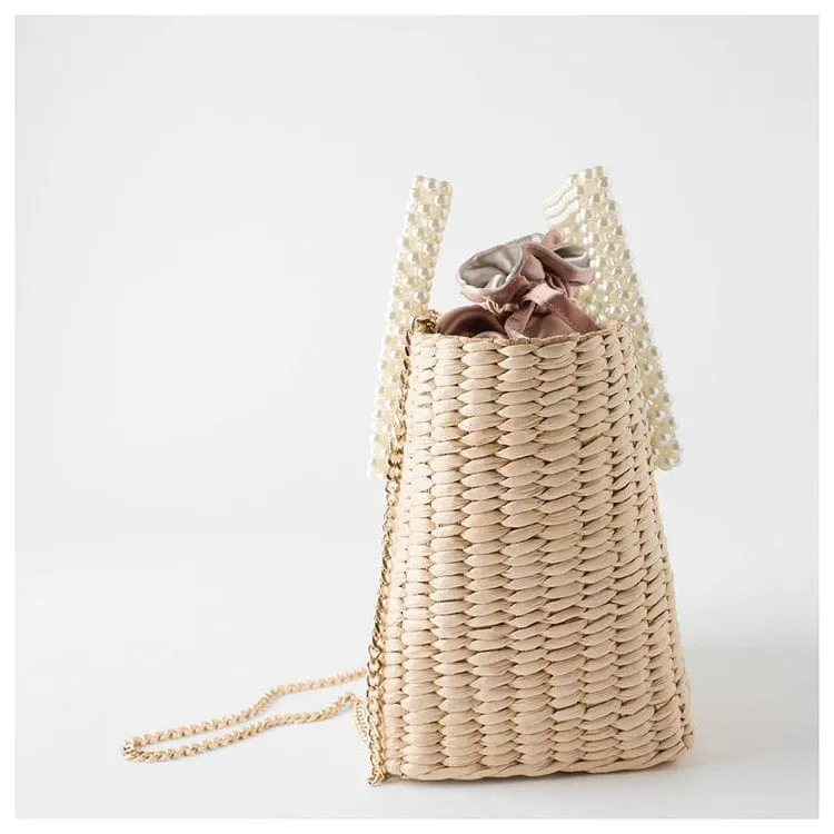 Lona Summer Pearl Straw Top Handle Beach Bag