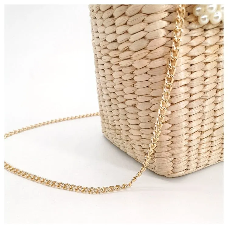 Lona Summer Pearl Straw Top Handle Beach Bag