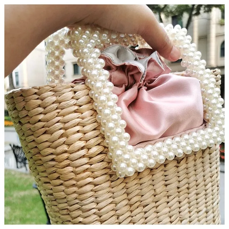 Lona Summer Pearl Straw Top Handle Beach Bag