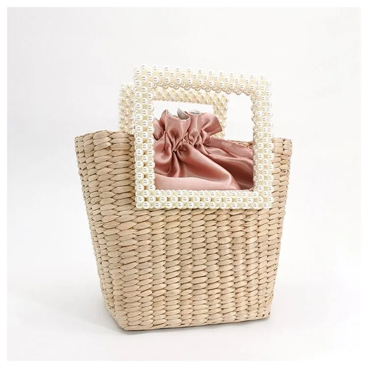 Lona Summer Pearl Straw Top Handle Beach Bag