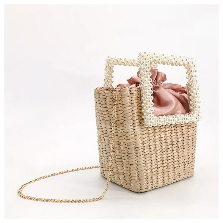 Lona Summer Pearl Straw Top Handle Beach Bag