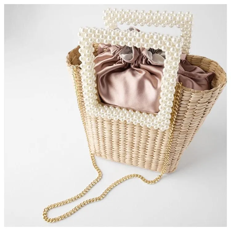 Lona Summer Pearl Straw Top Handle Beach Bag