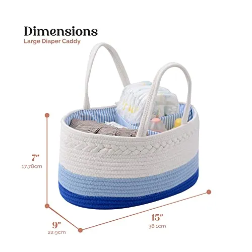 luxury little Diaper Caddy Organizer, Large Cotton Rope Nursery Basket, Changing Table Organizer for Baby Diaper Storage, Portable Car Organizer with Removable Divider, Baby Shower Gifts - Blue