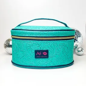 Makeup Junkie | Medium Turquoise Dream Train Case in Turquoise Green Tooled Print