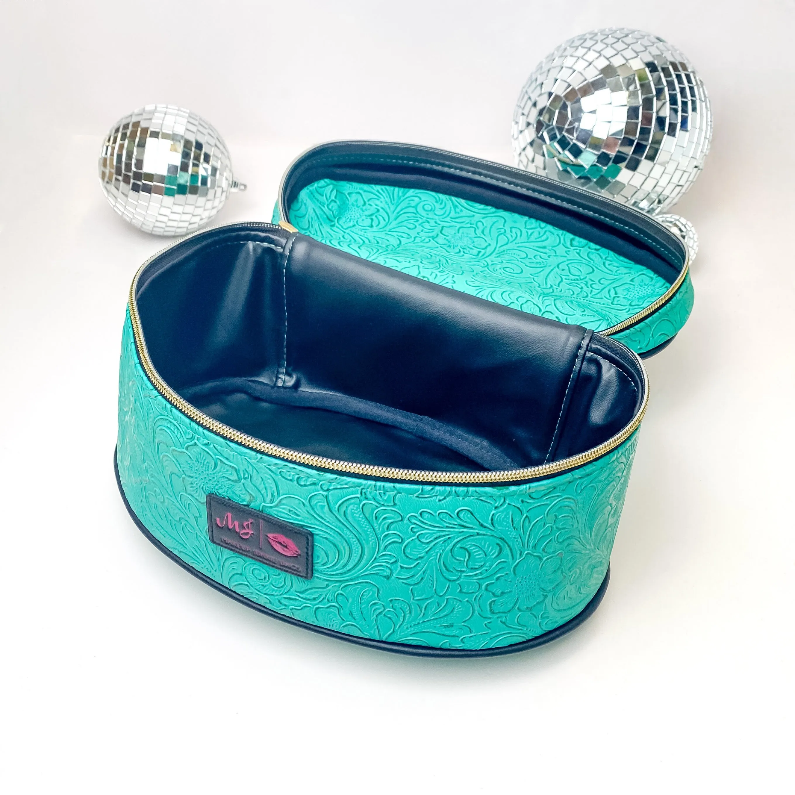 Makeup Junkie | Medium Turquoise Dream Train Case in Turquoise Green Tooled Print