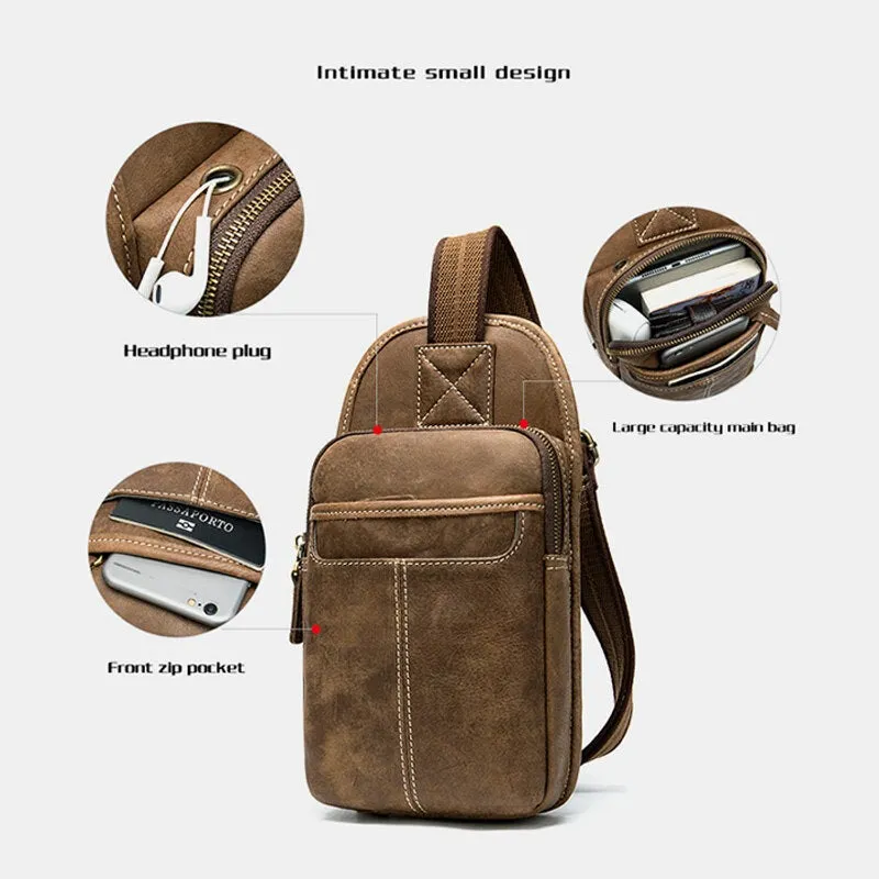 Men Genuine Leather Retro Front Zipper Pocket Chest Bag Headphone Hole Design Multi-pocket Cowhide Crossbody Bags Shoulder