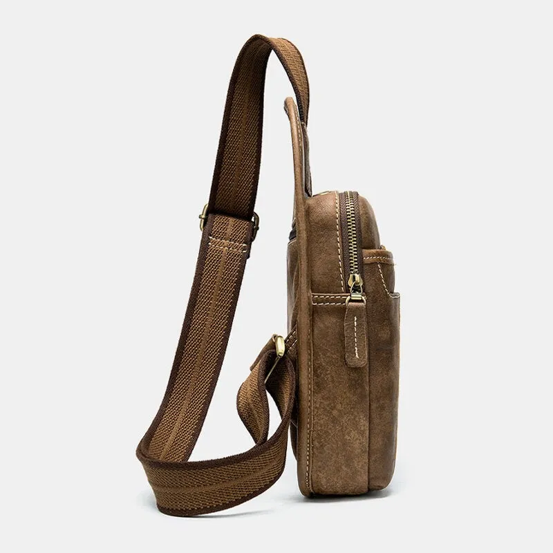 Men Genuine Leather Retro Front Zipper Pocket Chest Bag Headphone Hole Design Multi-pocket Cowhide Crossbody Bags Shoulder