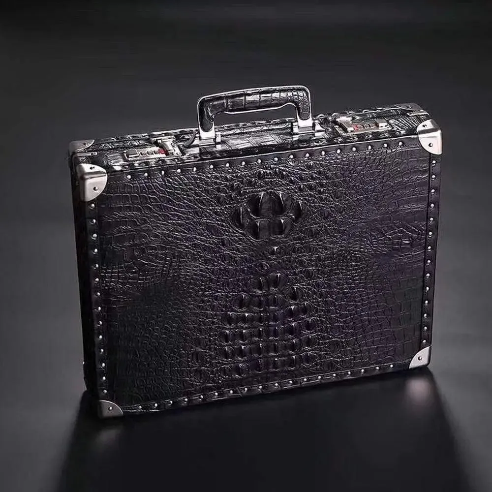 Men's Crocodile Bone Leather Large Black Business Professional Attache Travel Case