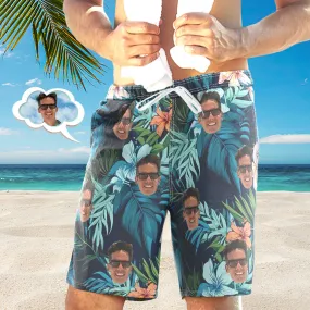 Men's Custom Face Beach Trunks Photo Shorts Beach Shorts Men's Photo Swim Trunks - Hawaiian Leaf