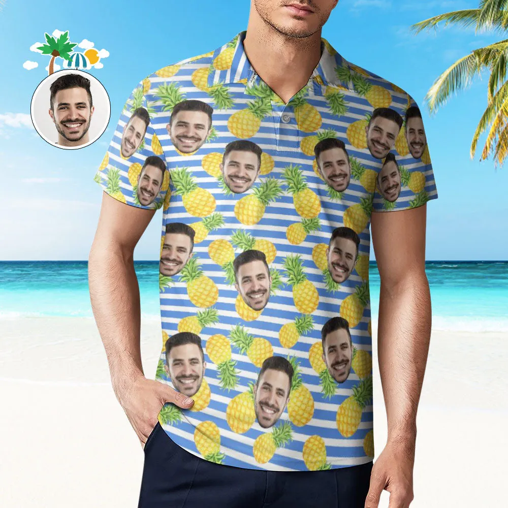 Men's Custom Face Polo Shirt Blue Stripes with Pineapples Personalised Hawaiian Golf Shirts