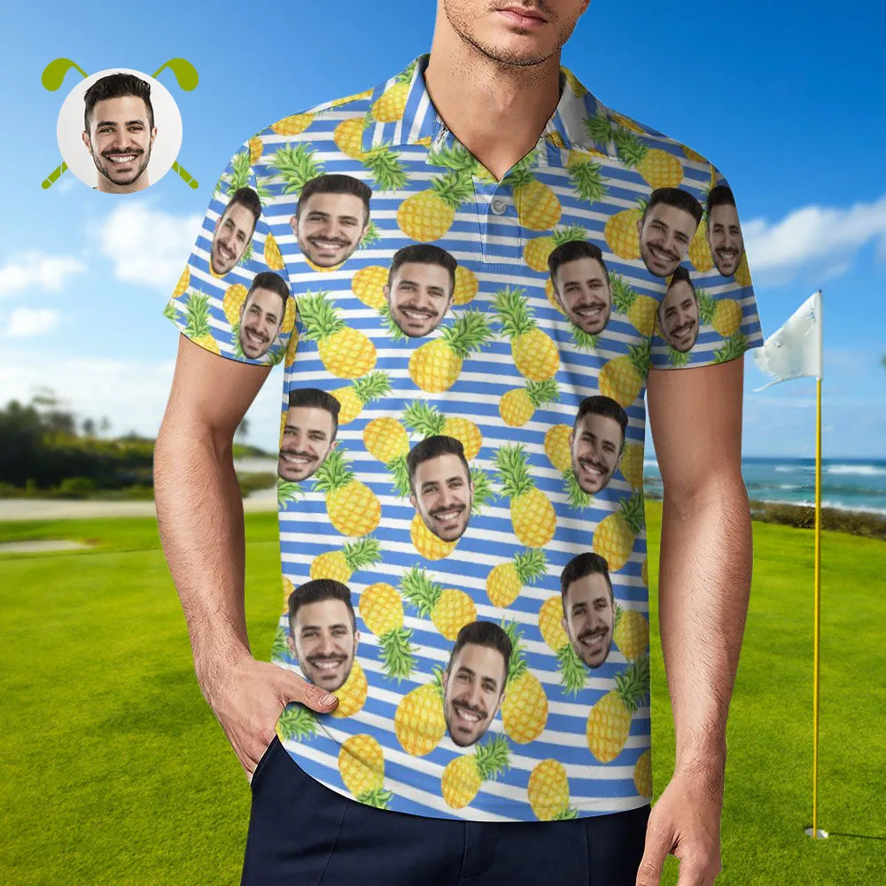 Men's Custom Face Polo Shirt Blue Stripes with Pineapples Personalised Hawaiian Golf Shirts