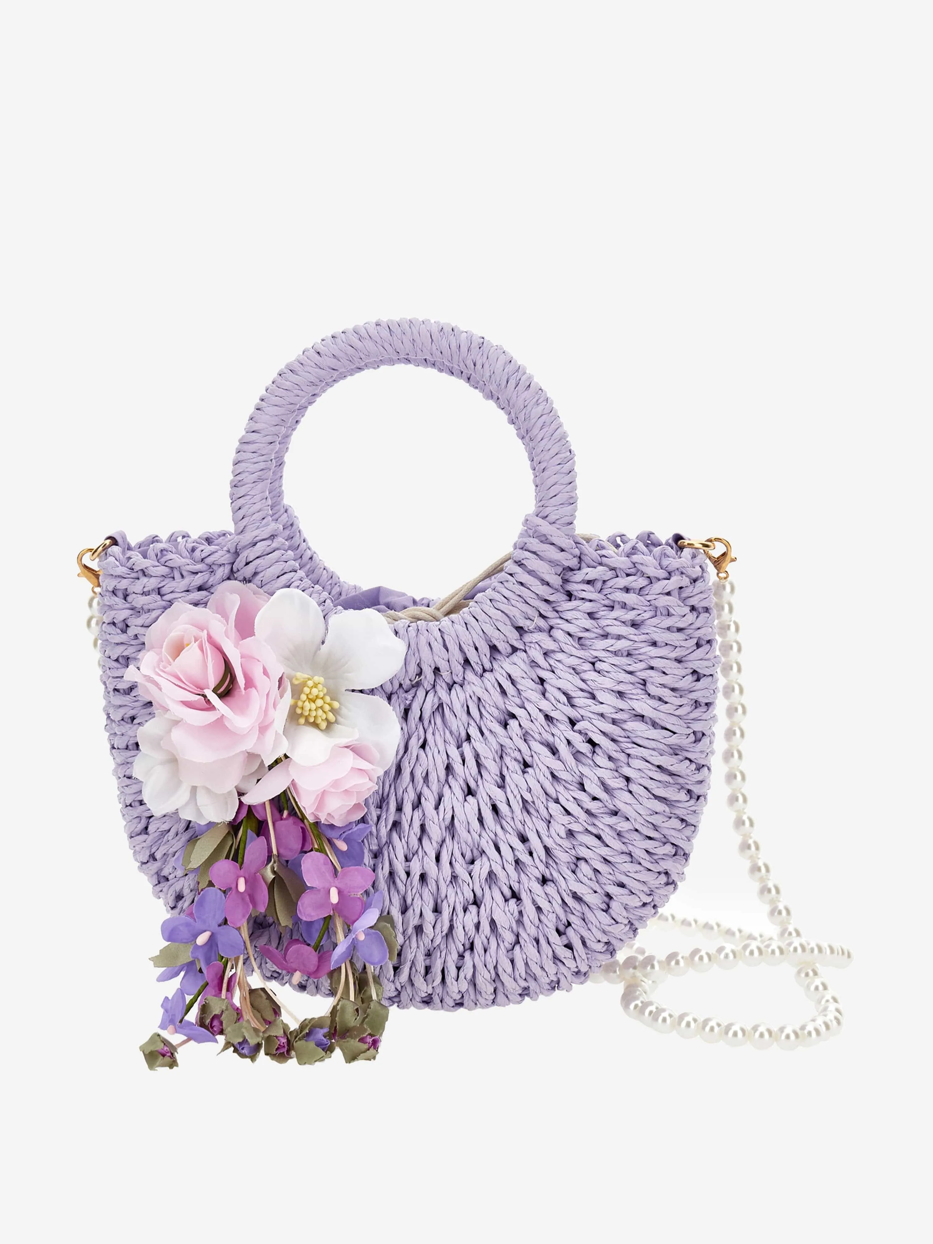 Monnalisa Girls Rafia Flower Crossbody Bag in Purple (33cm)