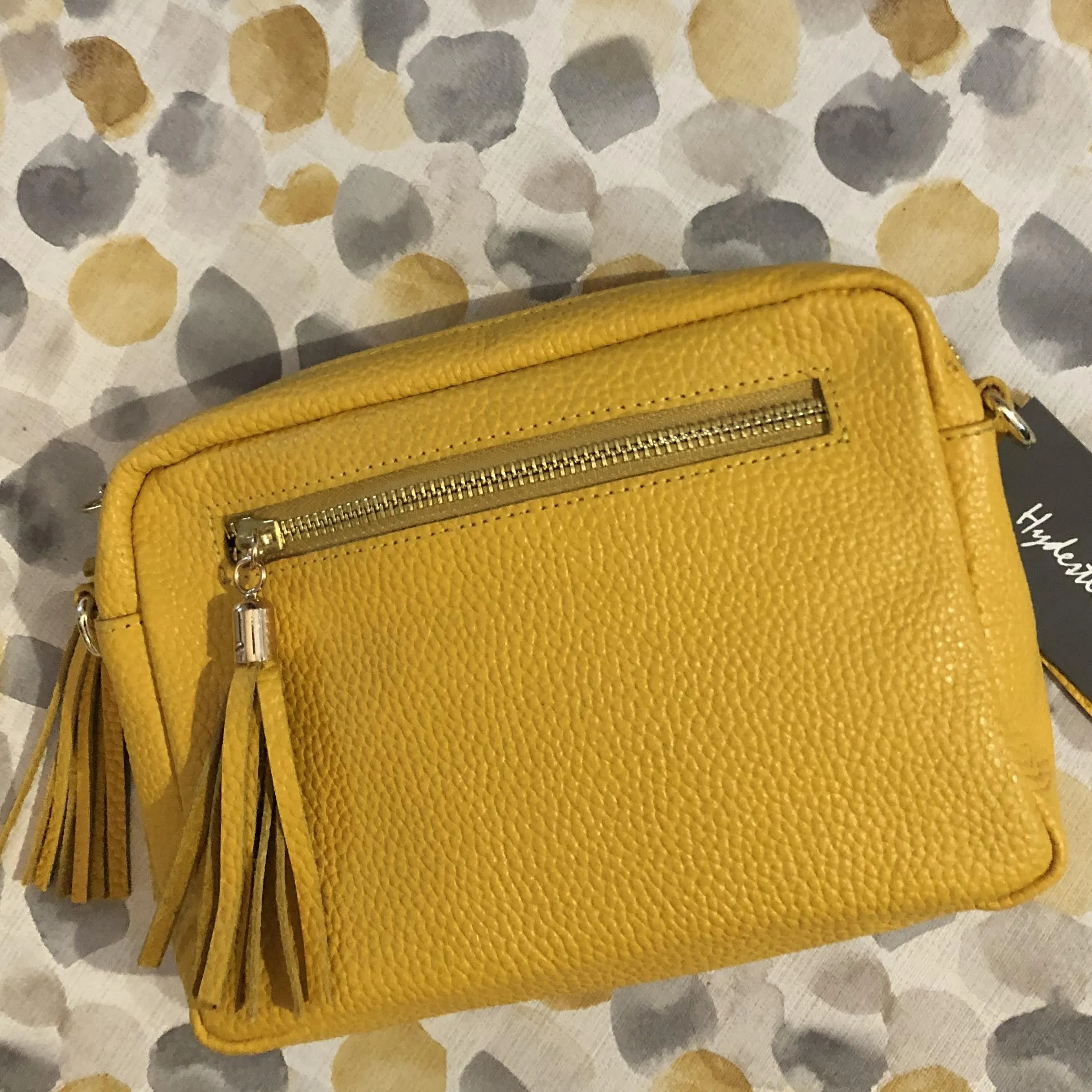 Mustard Yellow Kylie Pebbled Leather Camera Clutch Bag