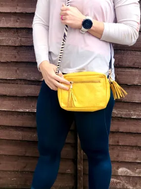 Mustard Yellow Kylie Pebbled Leather Camera Clutch Bag