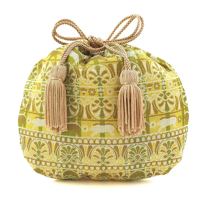 Nishijin-ori Small Drawstring Bag - Boar / Khaki Green -,  Made in Kyoto, Japan,  Japanese traditional craft purse