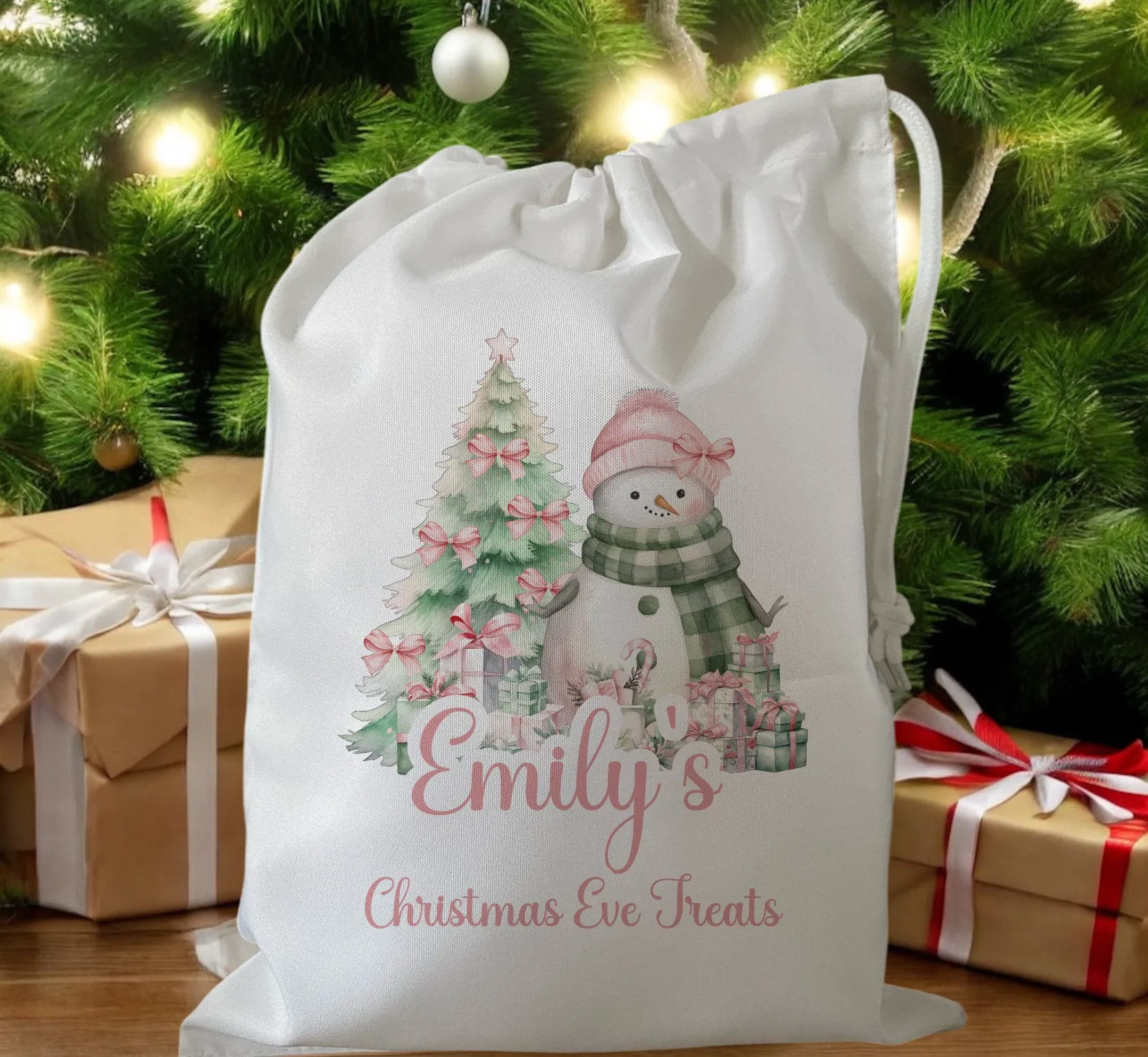 Peronalised Christmas Eve Treat Bag - Pink Snowman