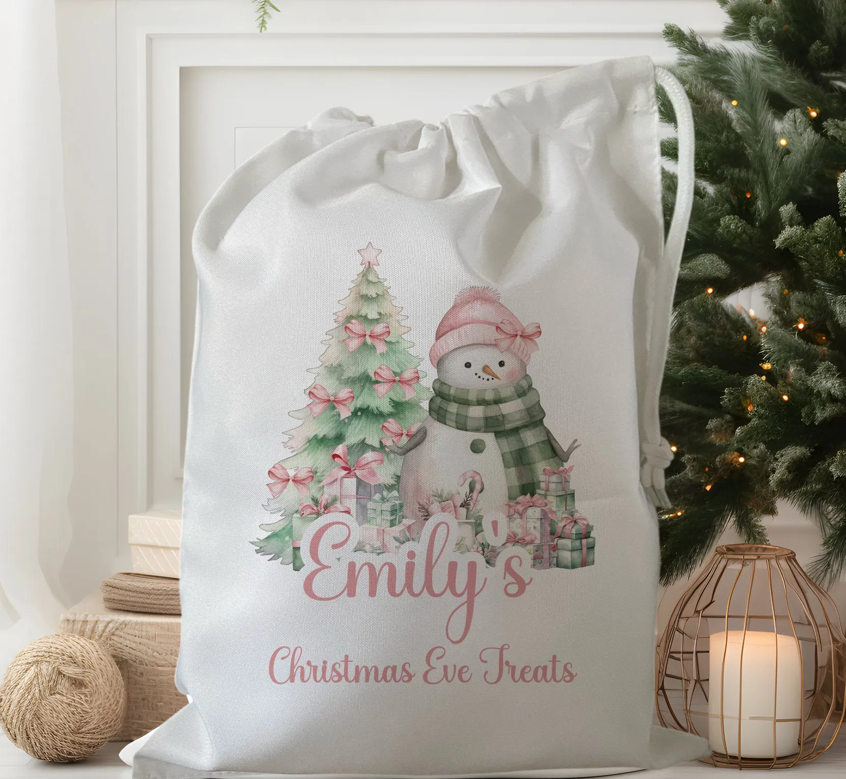 Peronalised Christmas Eve Treat Bag - Pink Snowman