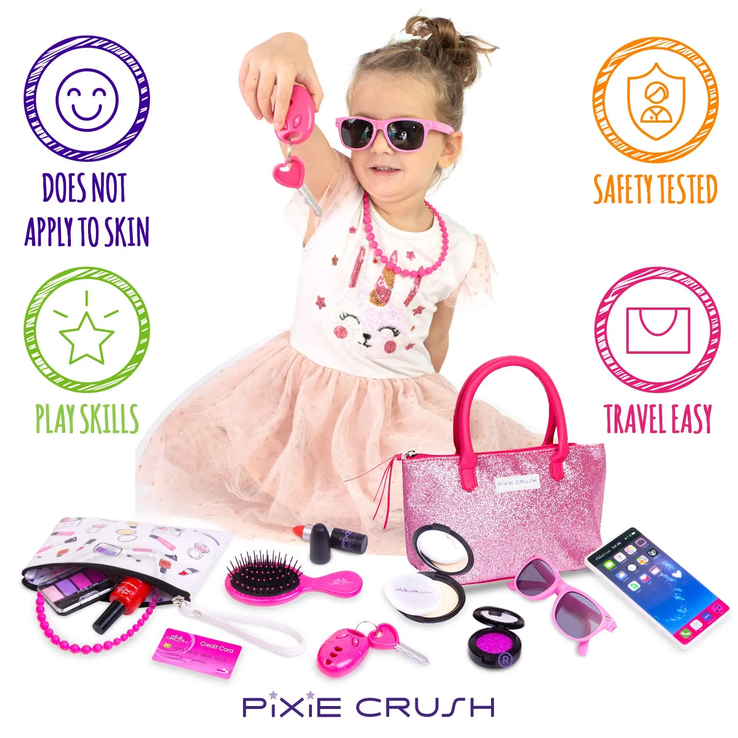 PixieCrush Deluxe Pink Sparkle Pretend Play Kid Purse Set for Girls with Handbag, Pretend