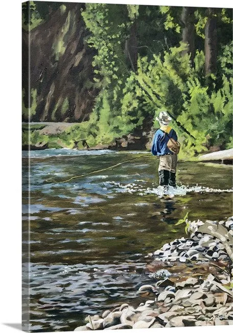 "Wading and Waiting" - 22"x32" an Original Oil Painting or Open Edition Print of a Fly-fisherman on and Idaho River.