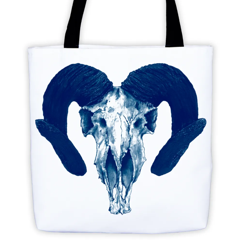 Ram Skull Concave Turned Horns Blue Ink Tote Bag by Robert Bowen