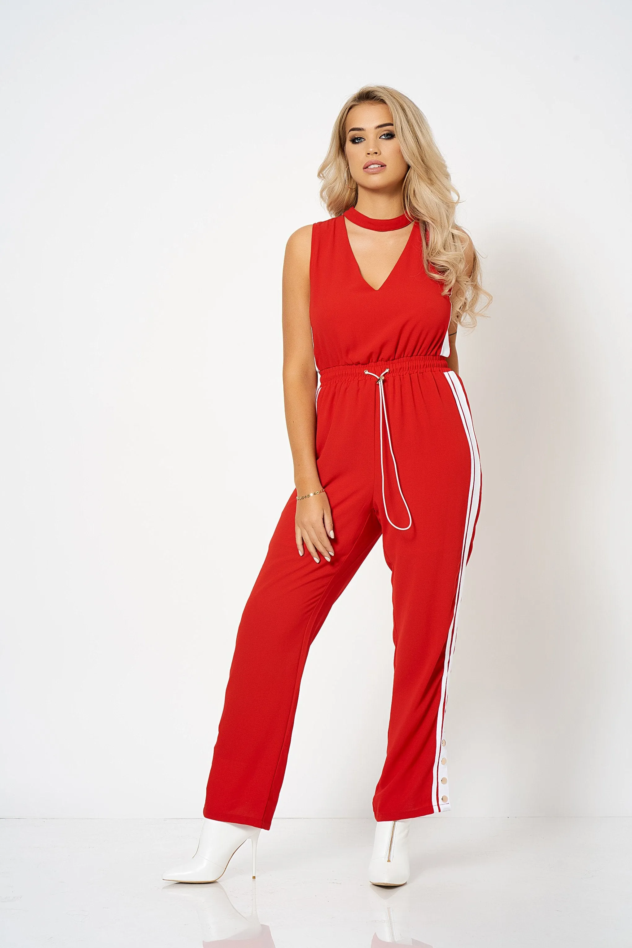 Red Contrast Stripe Choker Jumpsuit